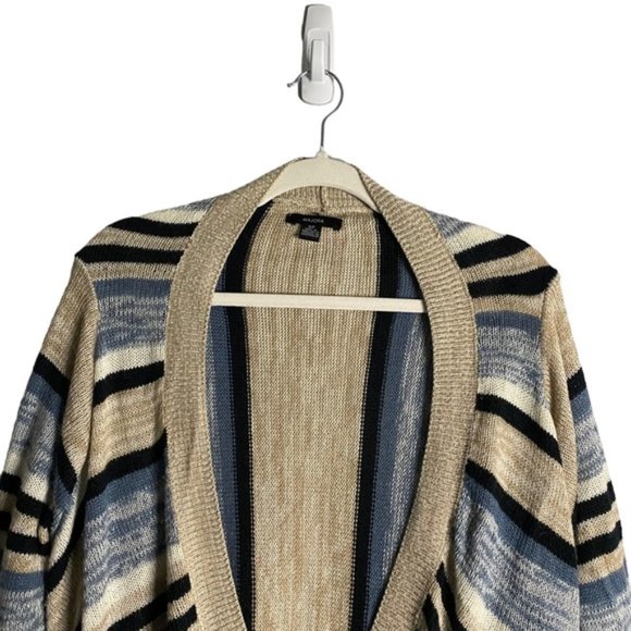 Majora Women's Tan/Blue Striped Open Front Fringed Knit Cardigan - Picture 2 of 10